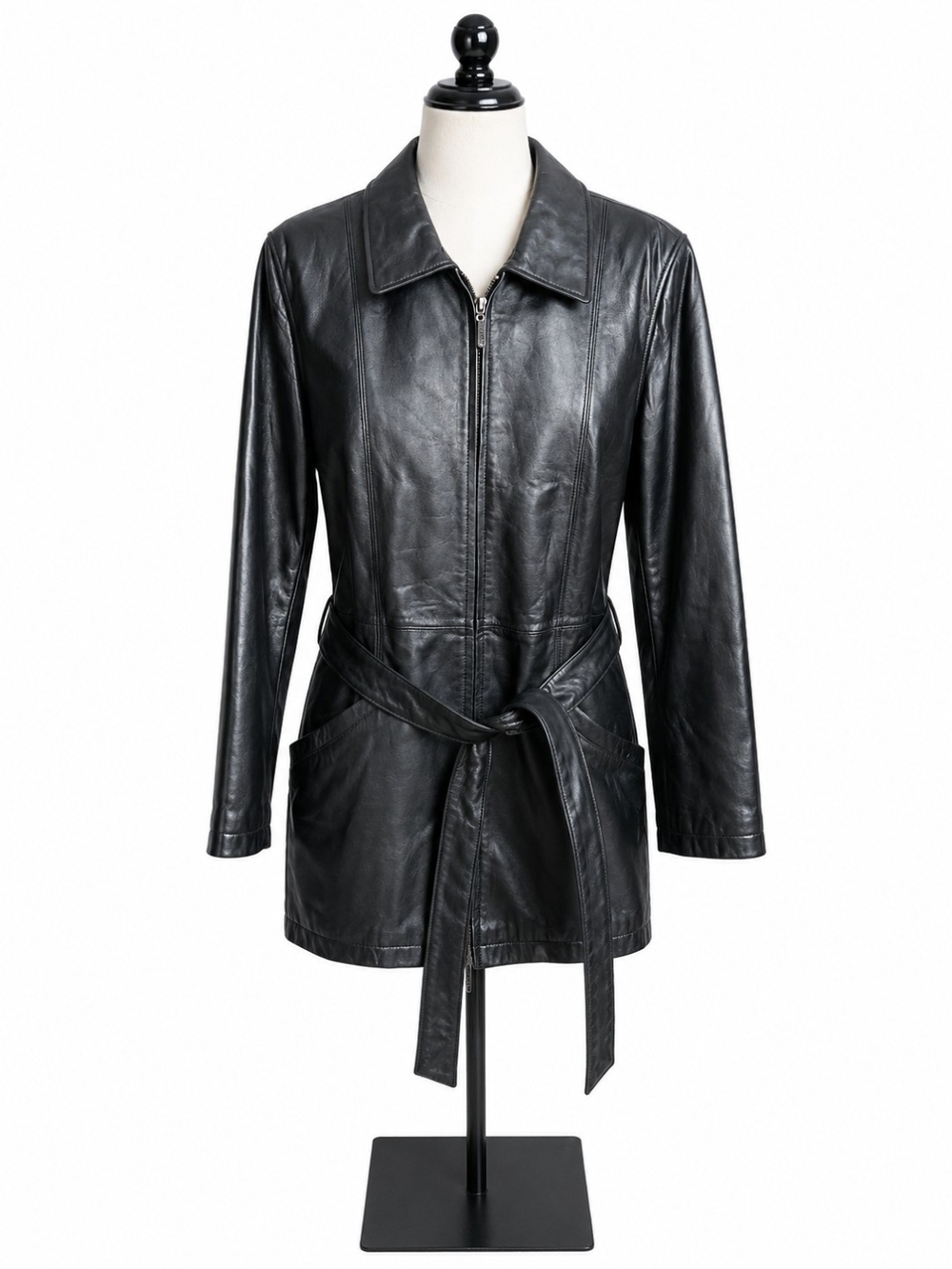 Women's Black Leather Belted Jacket with Zip Front